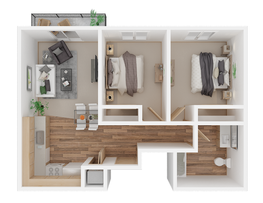 Floor plan for 2 beds, 1 bath, 718 sqft